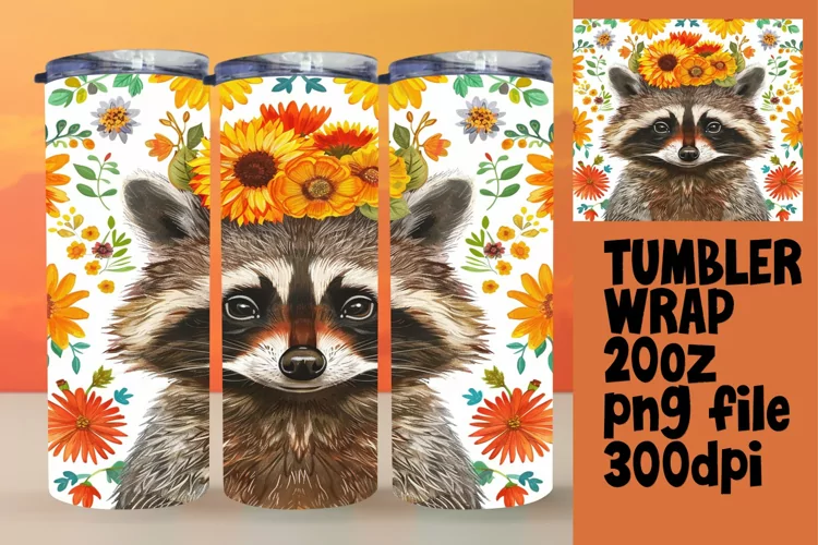 20oz Tumbler Wrap: Raccoon with Colorful Flowers