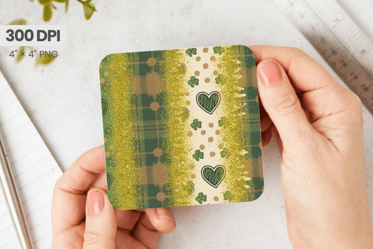 Green Plaid Shamrock Hearts Square Coaster PNG Sublimation D