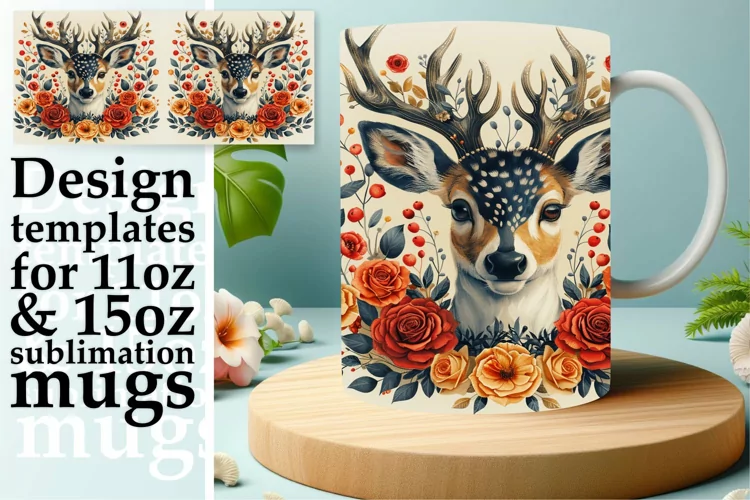 Watercolor Deer Spring Mug Wrap Design Sublimation