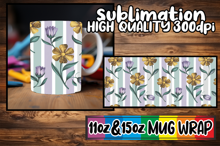 Happy days 11oz 15oz mug wrap, Gold Flower