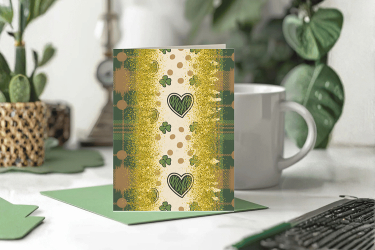 Green Plaid Shamrock Hearts Greeting Card PNG Sublimation De