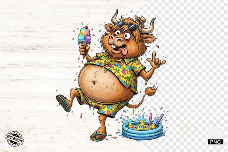 Summer Whimsical Highland Cow Clipart