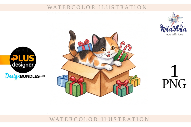 Christmas Kitten in Watercolor Style