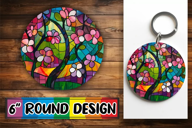 Vibrant Stained Glass Tree Keychain Round Design