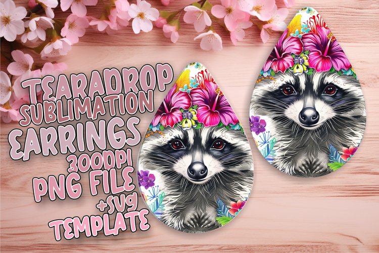 Fun Floral Raccoon Teardrop Earrings Sublimation example image 1