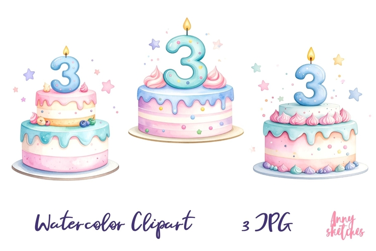 3 Third Birthday Cake Clipart Pastel Kawaii Number 3 JPG