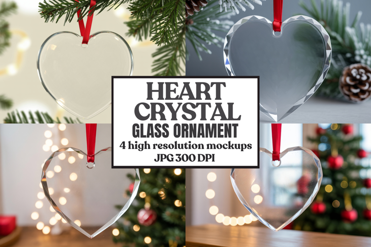 Christmas Heart Crystal Glass Ornament Mockups