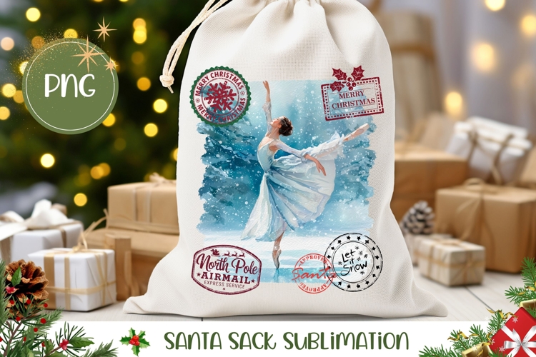 Winter Ballerina Santa Sack, Christmas Gift Bag Sublimation