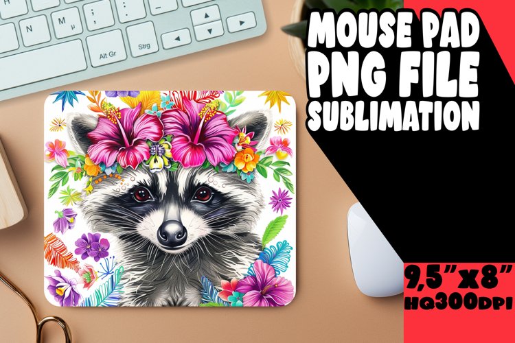 Mouse Pad: Raccoon with Colorful Flowers PNG