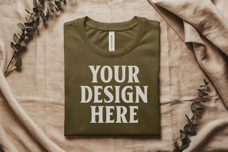 Heather Olive Bella Canvas 3001 Flat Lay T-Shirt Mockup
