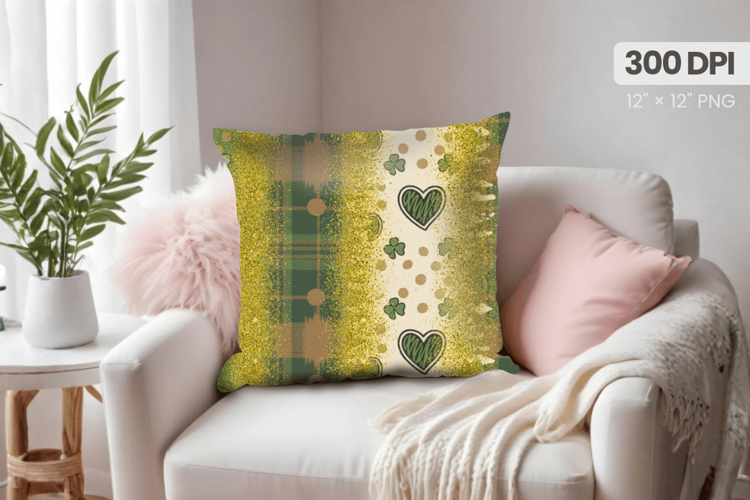 Green Plaid Shamrock Hearts Pillow PNG Sublimation Design