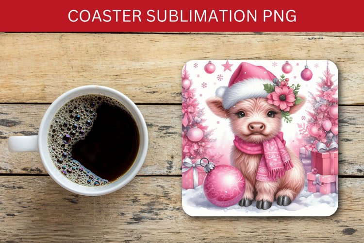 square coaster - pink highland cow example image 1
