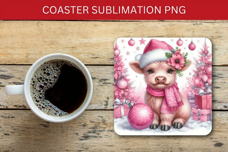 square coaster - pink highland cow