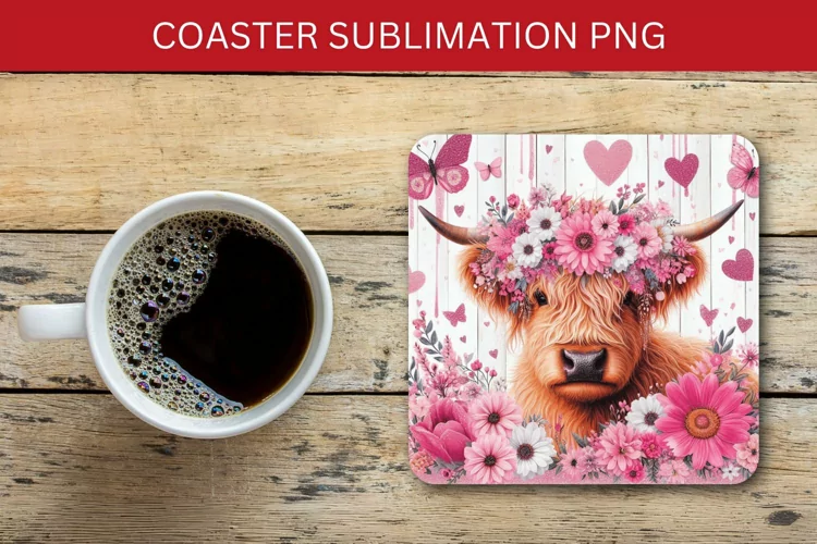 square coaster - floral pink highland cow