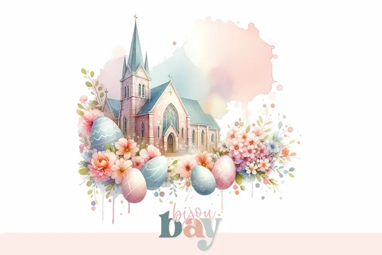 Watercolor Church Scene, Spring Easter Celebration PNG