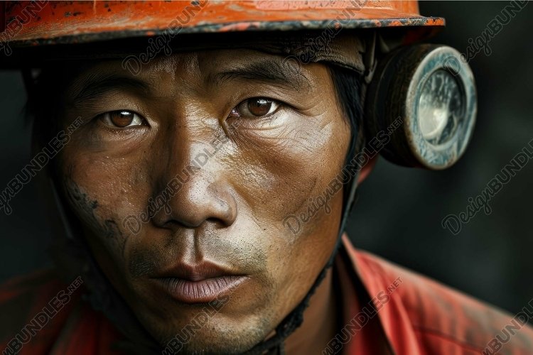 Stoic Asian miner face worker. Generate Ai