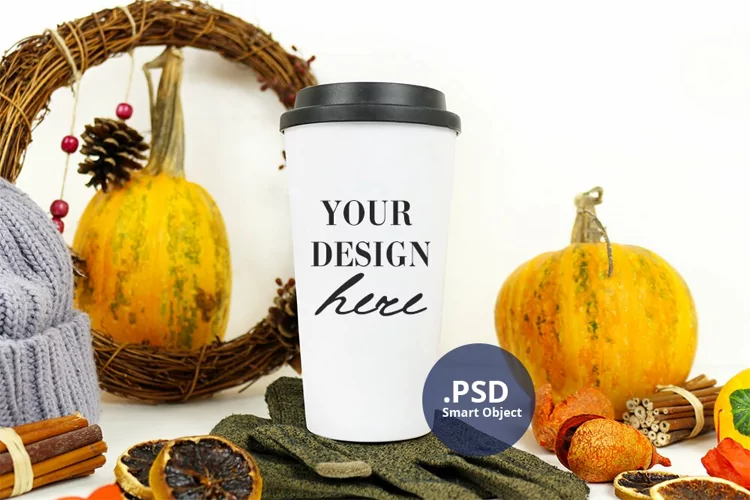 Winter Travel mug mockup PSD, Travel mug mock up JPG Winter
