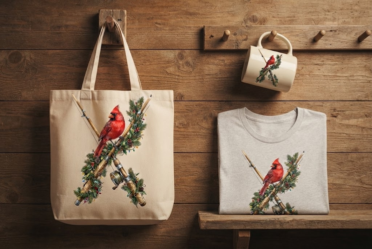 Christmas Cardinal and Fishing Rods Holiday Art PNG