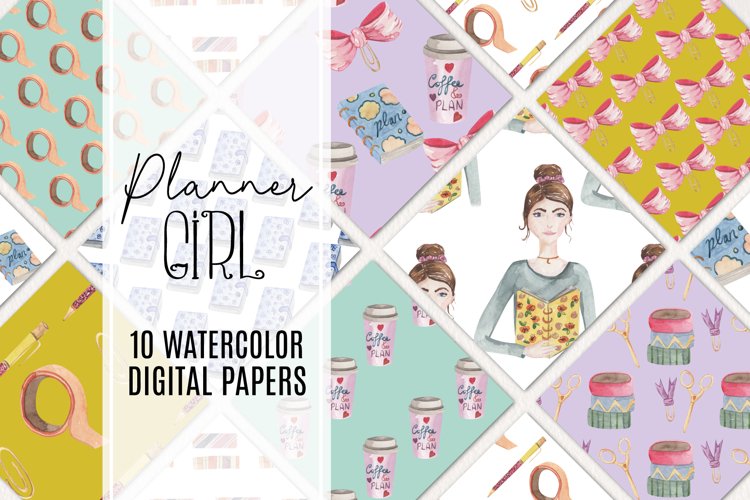 Planner Girl Fun Seamless Patterns Digital Paper Watercolor