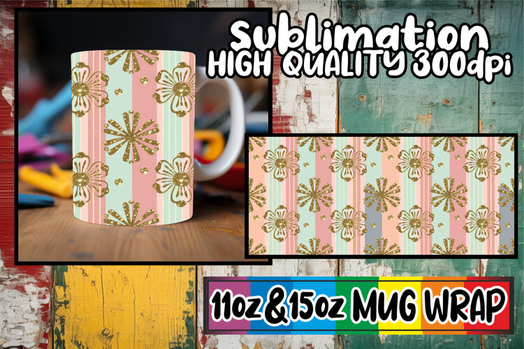 Tranquil vibes 11oz 15oz mug wrap, Gold Flower example image 1