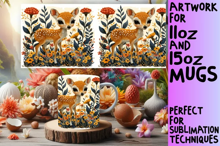 Spring Deer Watercolor Mug Wrap for Sublimation