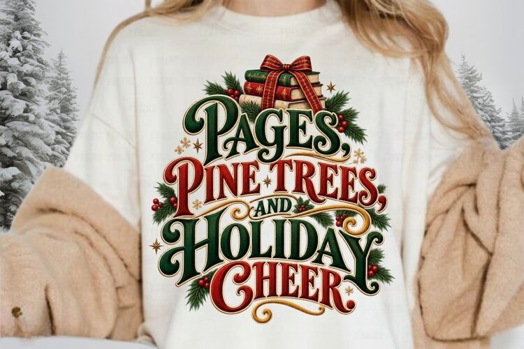 Pages, Pine Trees & Holiday Cheer PNG, Christmas Book Lover example image 1