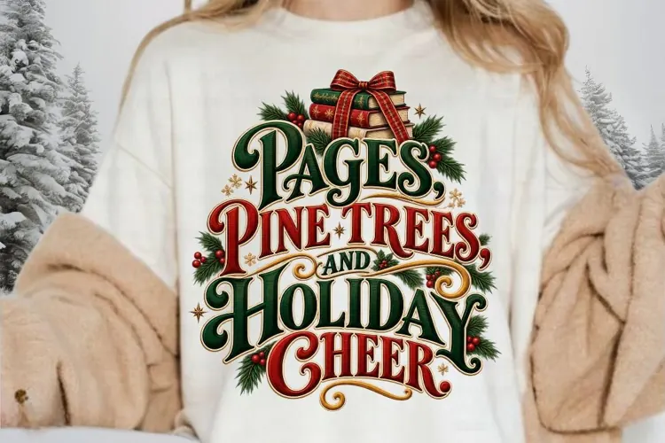 Pages, Pine Trees & Holiday Cheer PNG, Christmas Book Lover