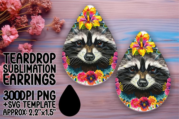 Teardrop Earrings: Raccoon with Colorful Flowers