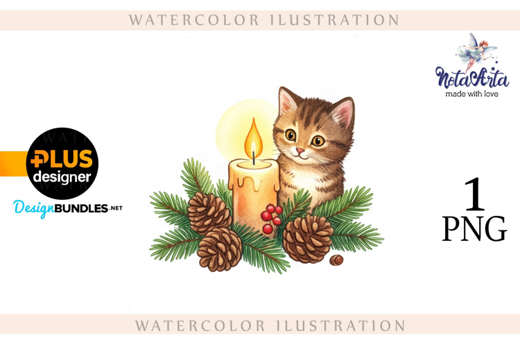 Christmas Kitten in Watercolor Style
