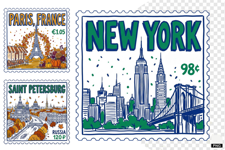 Fall Travel Postage Stamps Clipart