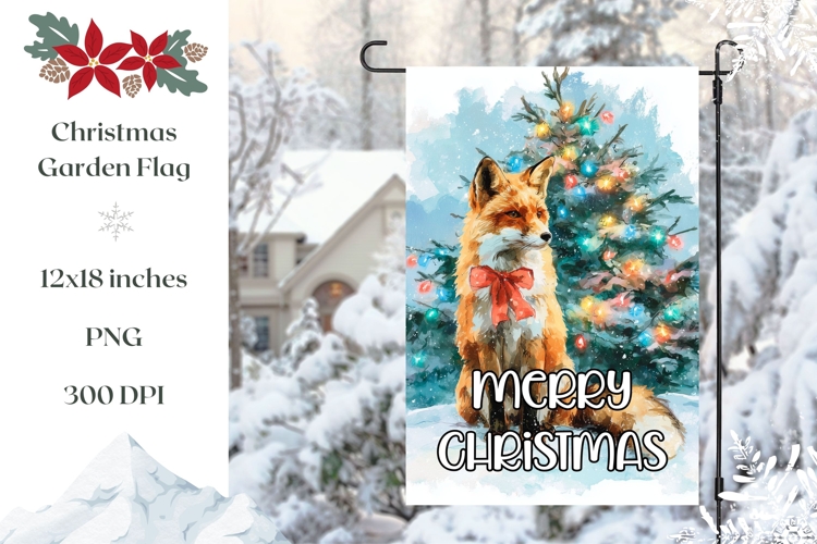 Merry Christmas Garden Flag, Watercolor Winter Fox PNG