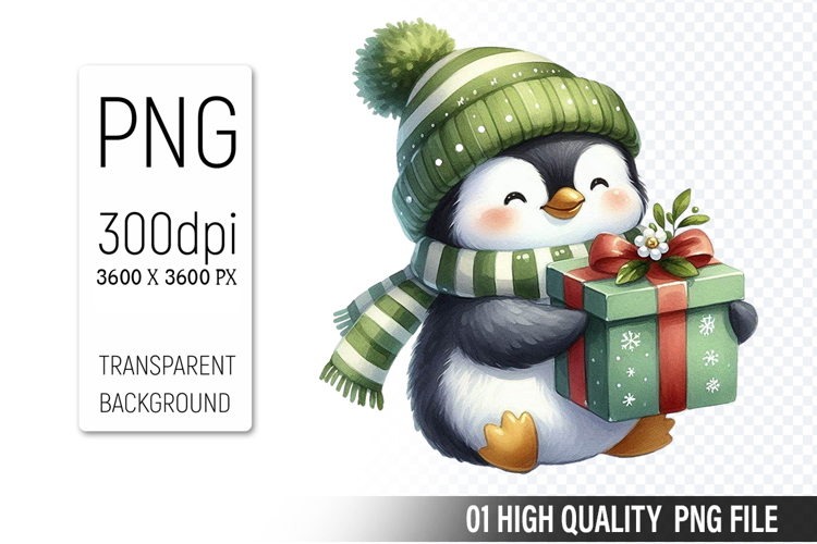 Christmas Penguin Clipart PNG, Watercolor Christmas Animals