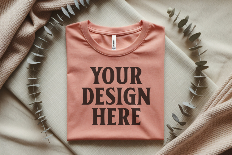 Heather Peach Bella Canvas 3001 Flat Lay T-Shirt Mockup