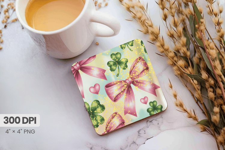 Pink Bows and Shamrocks Glitter Square Coaster PNG Sublimati