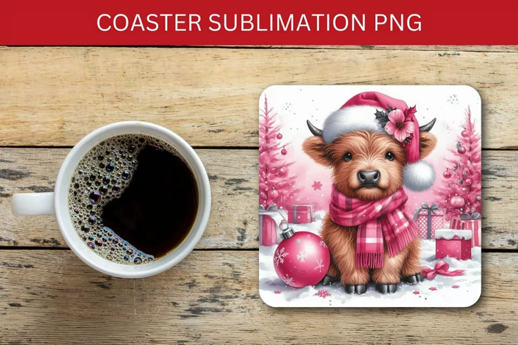 square coaster - pink highland cow