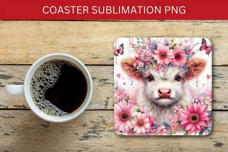 square coaster - floral pink highland cow