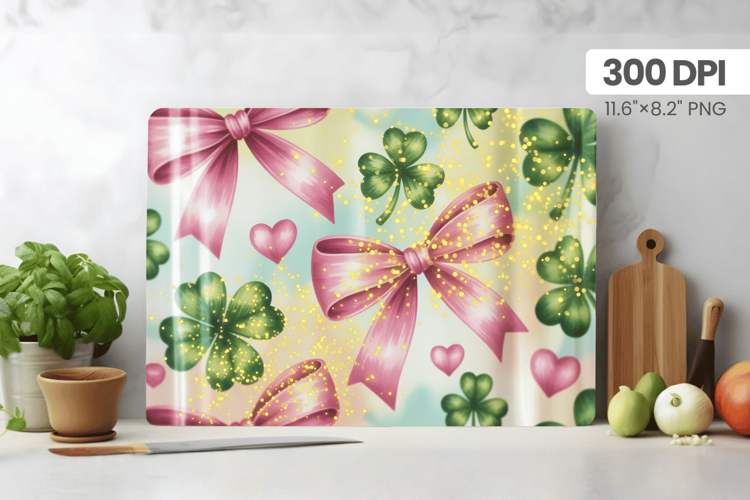 Pink Bows and Shamrocks Glitter Cutting Board PNG Sublimatio