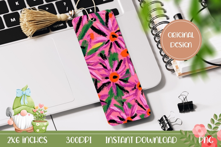 Pink Flowers Bookmark Print, Neon Pink Bookmark Template