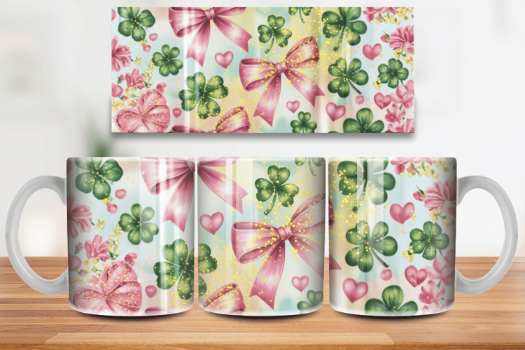 Pink Bows and Shamrocks Glitter Mug Wrap PNG Sublimation Des