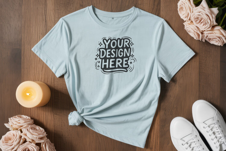 Blue Tee Flatlay T-Shirt Mockup PSD JPG example image 1