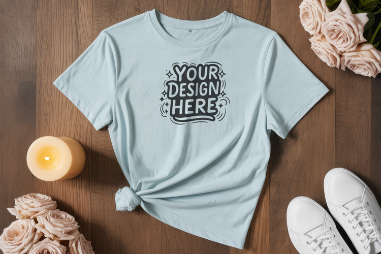 Blue Tee Flatlay T-Shirt Mockup PSD JPG