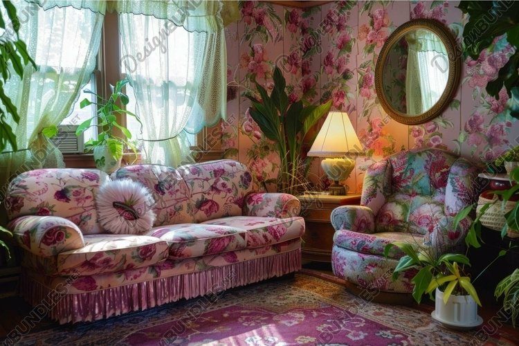 Cozy vintage living room interior with floral patterns