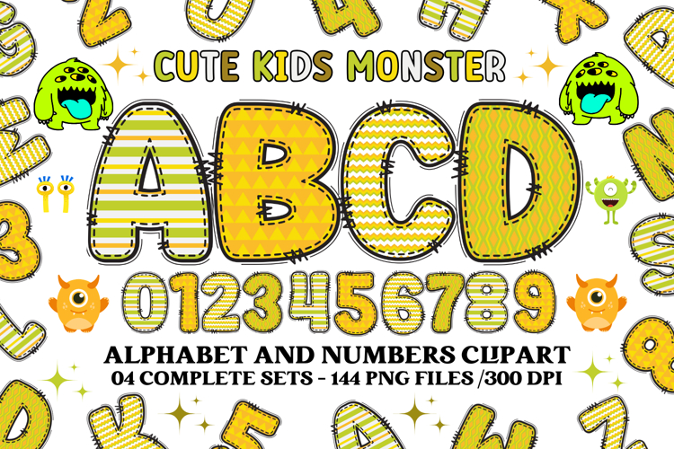 Cute Kids Monster Alphabet & Numbers doodle PNG Clipart