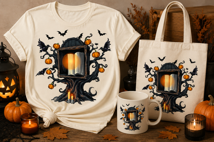 Halloween Tree Book PNG | Gothic Pumpkin & Candle Clipart