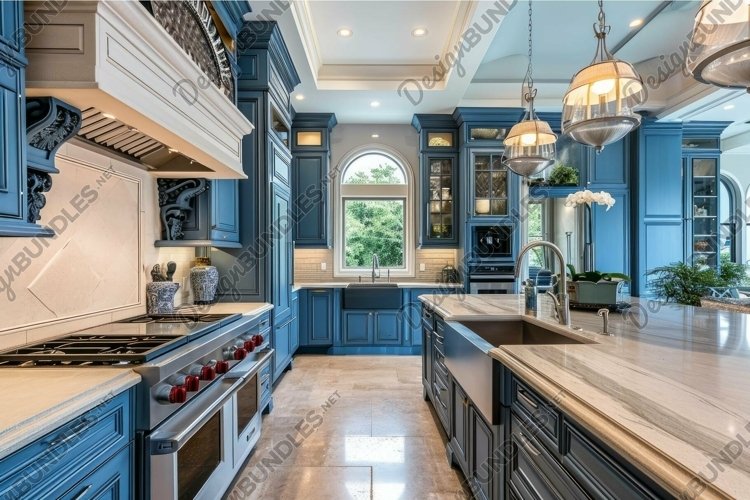 Luxury modern kitchen interior with blue cabinets