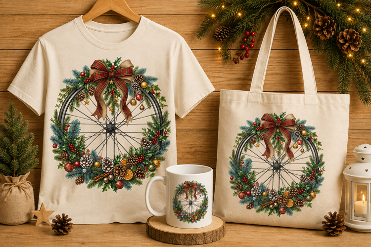 Christmas Bicycle Wheel Wreath Watercolor Holiday Art
