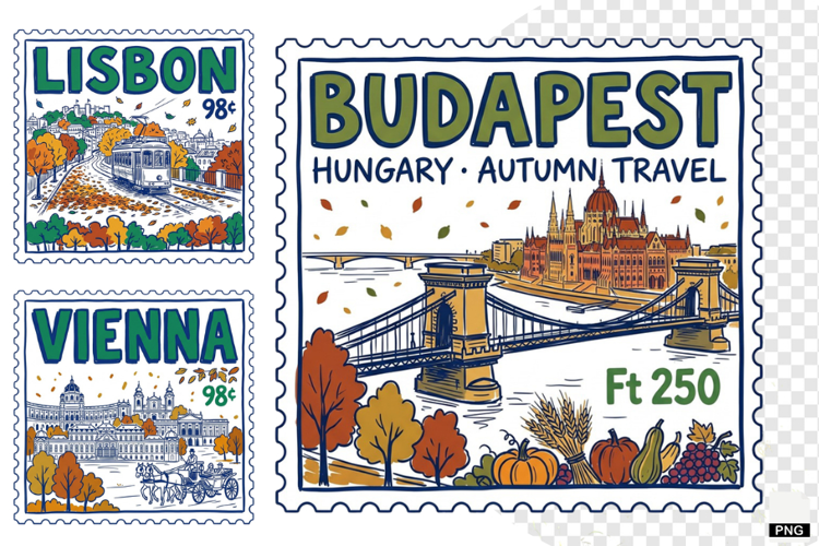 Fall Travel Postage Stamps Clipart