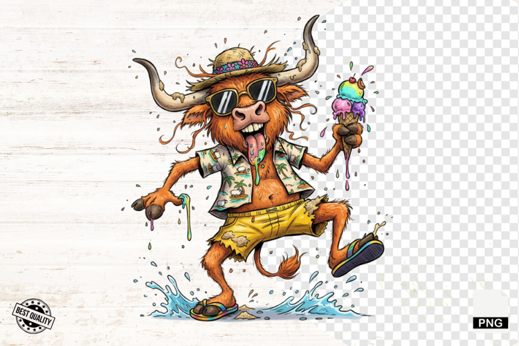 Summer Whimsical Highland Cow Clipart