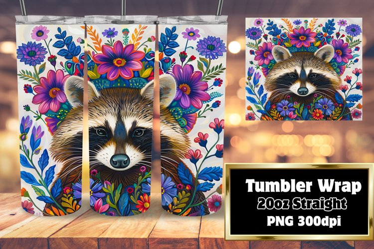 Whimsical Raccoon with Floral Tumbler Wrap for 20oz