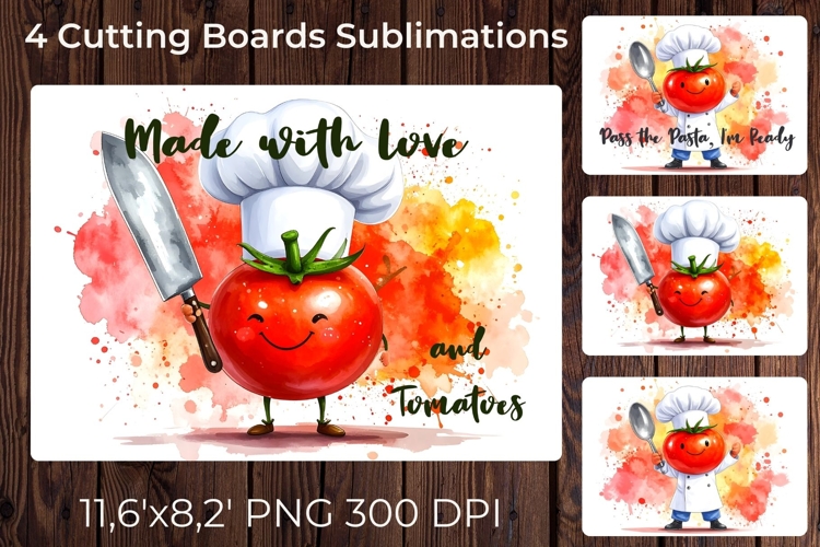 4 Funny Tomato Chef Cutting Board Sublimation Designs